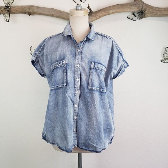 Vanilla star  chambray cuffed cotton dolman top - Picture 1 of 8